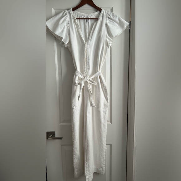 Zara White Rustic Cap Flutter Sleeve Jumpsuit Belted Cotton Summer Sz Small - Picture 11 of 16